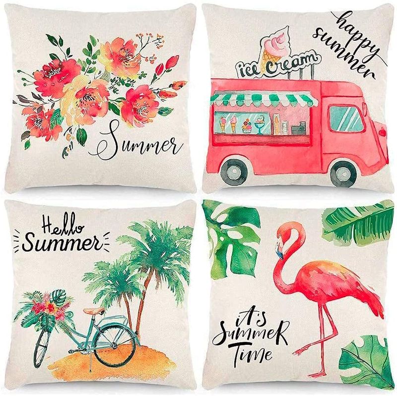 Photo 1 of Anickal Summer Decorations Set of 4 Decorative Pillow Covers 18x18 Hello Summer Pink Ice Cream Truck Flamingo Flower Linen Pillow Cases for Summer Home Decor
