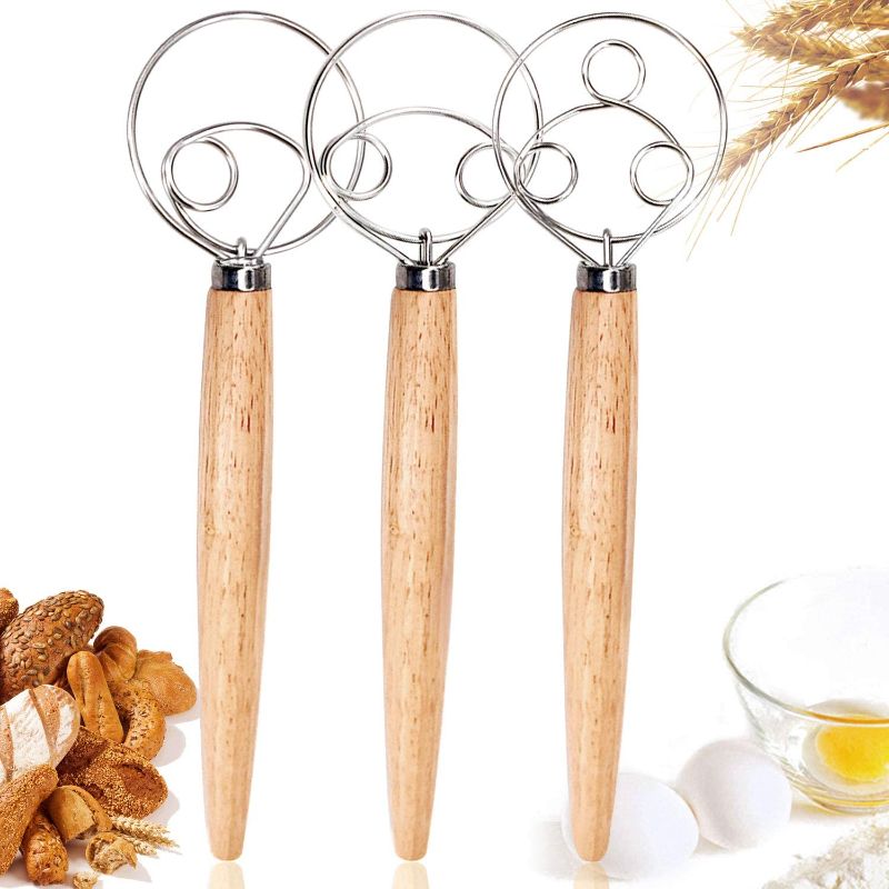 Photo 1 of 3PCS Danish Dough Whisks, Kalolary Premium Mixing Whisk Tools for Kitchen Baking Wooden Handle Stainless Steel Manual Dough Mixer Bread Cake Making(3 Size Included)
