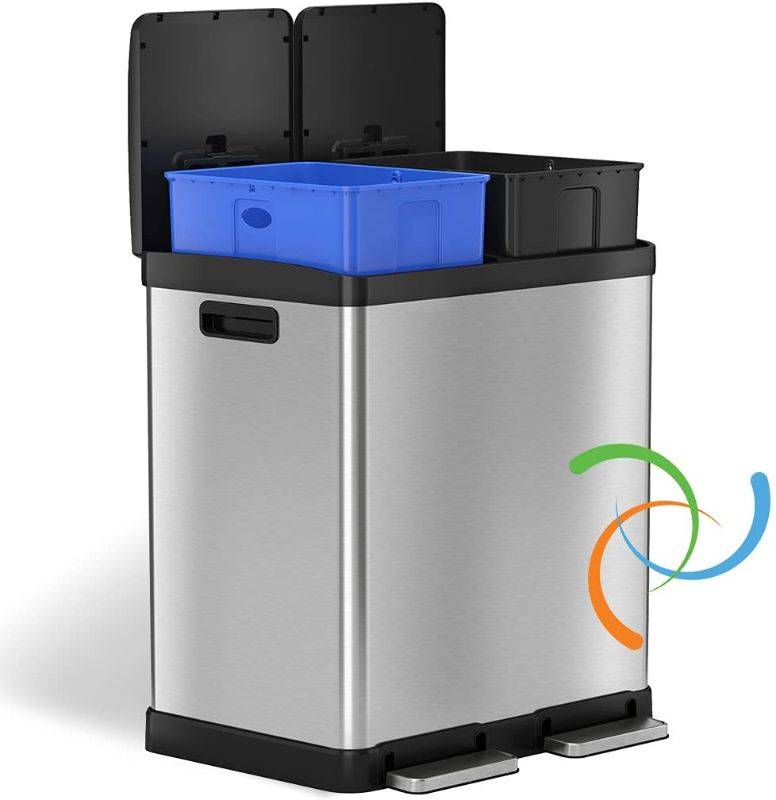 Photo 1 of iTouchless SoftStep 16 Gallon Step Trash Can & Recycle Bin with Activated Carbon Filter Deodorizers, Stainless Steel, 2 x 8 Gallon (30L) Removable Color-Coded Buckets, Soft Close and Airtight Seal
