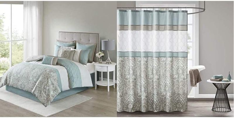 Photo 1 of 510 DESIGN Shawneel 8 Piece Bedding Comforter Set for Bedroom, Queen Size, Seafoam & Shawnee Printed and Embroidered Shower Curtain with Liner Blue 72x72