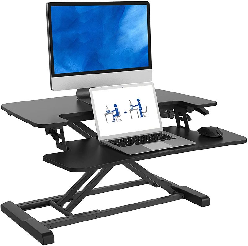 Photo 1 of FLEXISPOT 28 inch Standing Desk Converter | Height Adjustable Stand Up Desk Riser, Black Home Office Desk Workstation for Dual Monitors and Laptop M732
