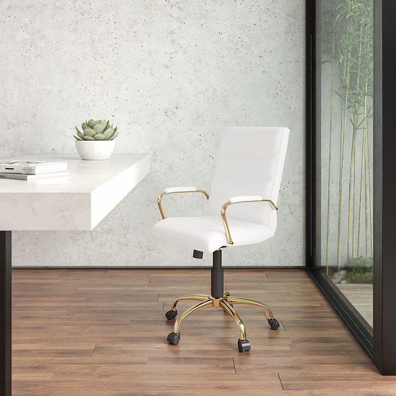 Photo 1 of Flash Furniture Mid-Back White LeatherSoft Executive Swivel Office Chair with Gold Frame and Arms
