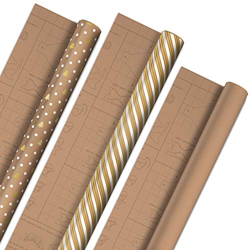 Photo 1 of Hallmark Holiday Wrapping Paper with DIY Bow Templates on Reverse (3 Rolls: 120 sq. ft. ttl) Kraft and Gold Christmas Trees, Stripes, Solid Kraft for Christmas, Hanukkah, Weddings, Birthdays - MISSING 1 ROLL 
