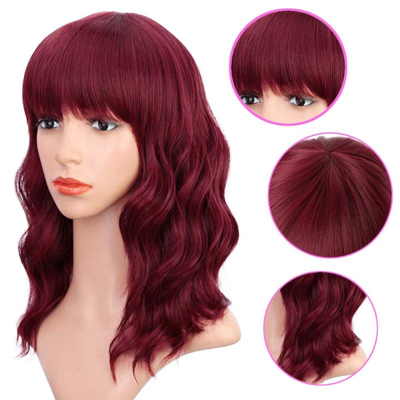 Photo 1 of 3 PACK Short Wavy Red Wigs with Bangs Burgundy Curly Bob Wigs for White Women, Auburn Wavy Synthetic Wigs Medium Shoulder Length Wigs for Women, Cosplay Party Heat Resistant Fiber Wigs Natural Looking
