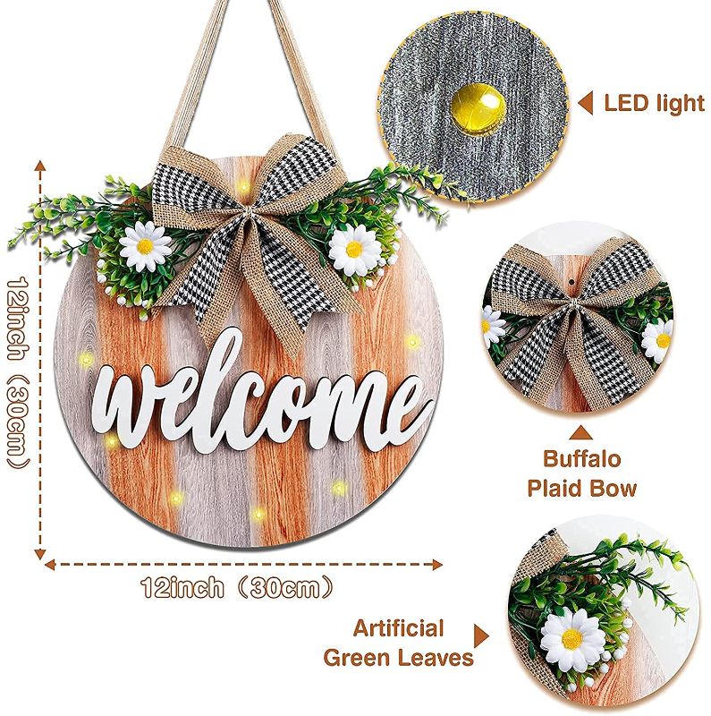 Photo 1 of AerWo Hello Welcome Sign Front Door Porch Decor with 12LED Light, Interchangeable Rustic Wood Wall Hanging Porch Decorations for Housewarming Gift Christmas Farmhouse Outdoor Home Decor, 11.8" Round
