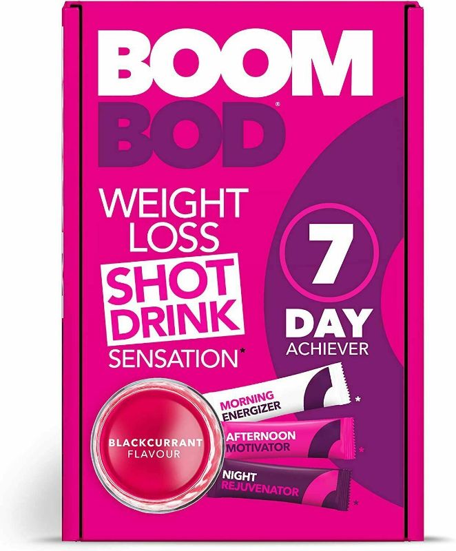 Photo 1 of ?BOOM BOD BLACKCURRANT 7 DAY ACHIEVER WEIGHT LOSS SHOT DRINK 21 SACHETS LOSE FAT
exp 08 nov 2021