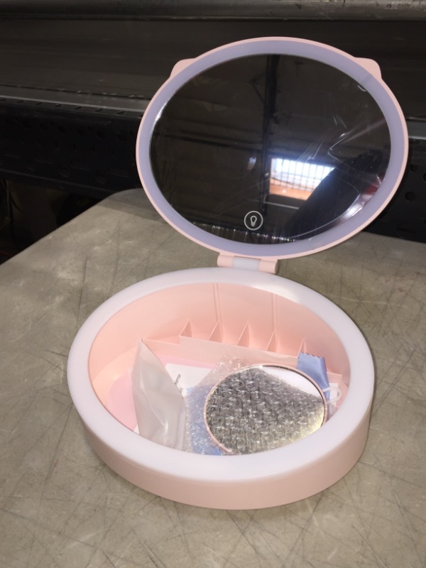 Photo 2 of Makeup Mirror with Lights and Magnification, Lighted Cosmetic Mirror with 64 LED Light and Storage, 3 Color Lighted Foldable Makeup Mirror, Portable Makeup Vanity Mirror, Gift for Halloween