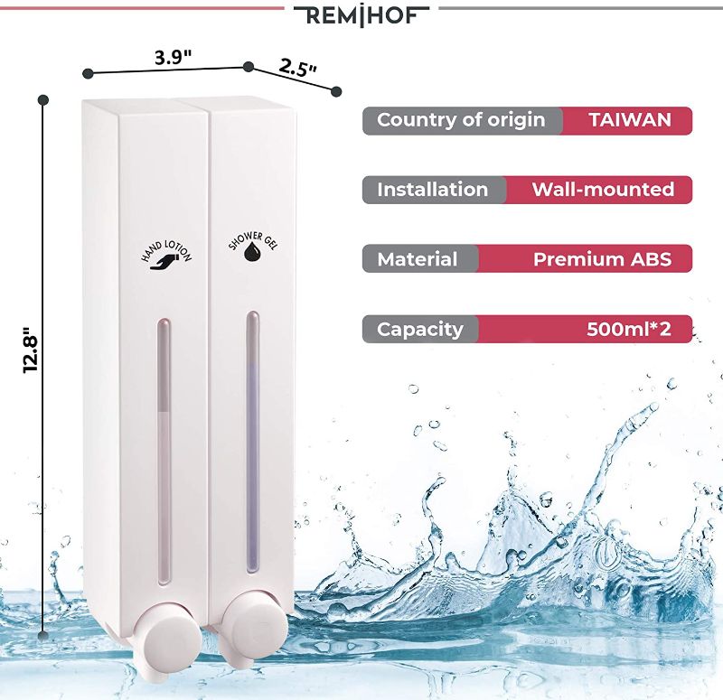 Photo 1 of REMIHOF Shampoo Dispenser 500ml (16.9oz) x 2 Chamber- Wall Mounted Shower Soap Dispenser - Holds Shampoo Soap Conditioner Shower Gel Lotion - White (soap not Included)