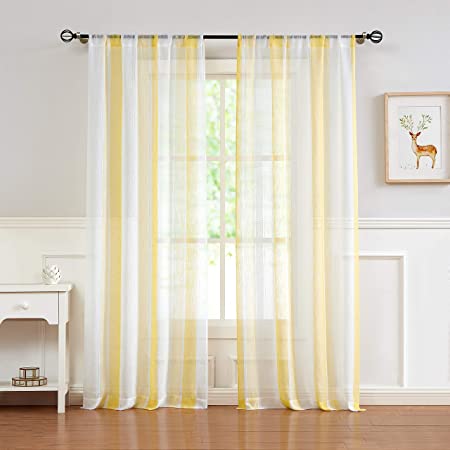 Photo 1 of Central Park Sheer Yellow and White Stripe Farmhouse Curtains Boucle Linen Window Curtain Panel Pairs Yarn Dyed Woven 84 Inches Long for Living Room Bedroom 2 Pack Rod Pocket Rustic Living Panels