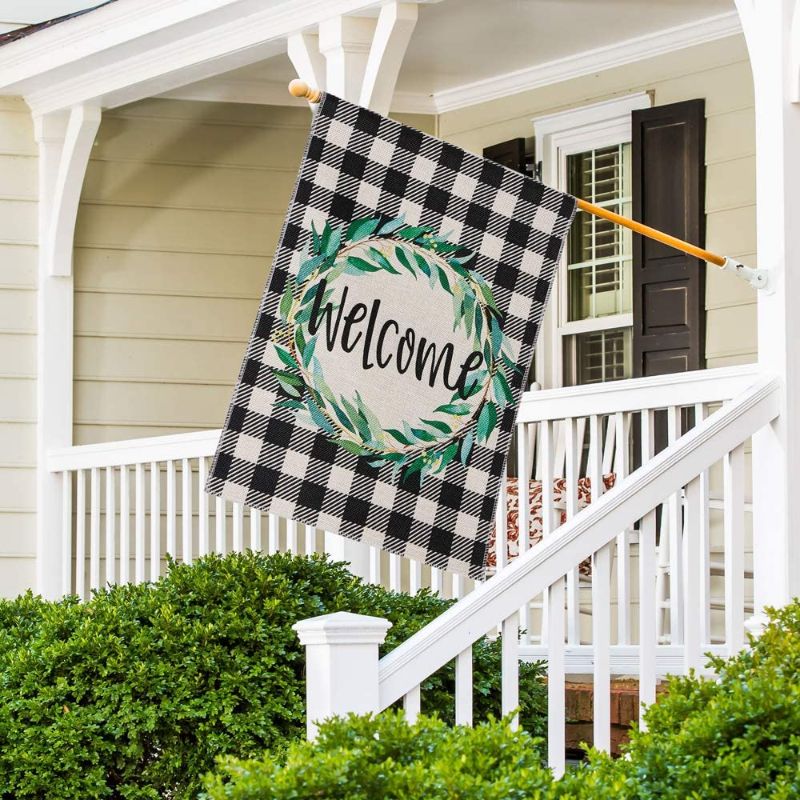 Photo 1 of DOLOPL Fall Welcome Garden Flag 28x40 Inch Double Sided Decorative Buffalo Check Green Wreath Small Yard Garden Flags for Outside Summer Outdoor Decorations
