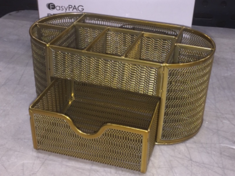 Photo 1 of EasyPAG Desk Organizer Mesh Desktop Office Supplies Multi-functional Caddy Pen Holder Stationery with 8 Compartments and 1 Drawer Gold 