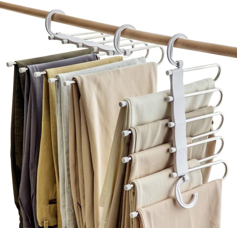 Photo 1 of Space Saving Pants Hangers Non-Slip Clothes Organizer 5 Layered Pants Rack for Scarf Jeans Trousers (White, 2 Pcs)