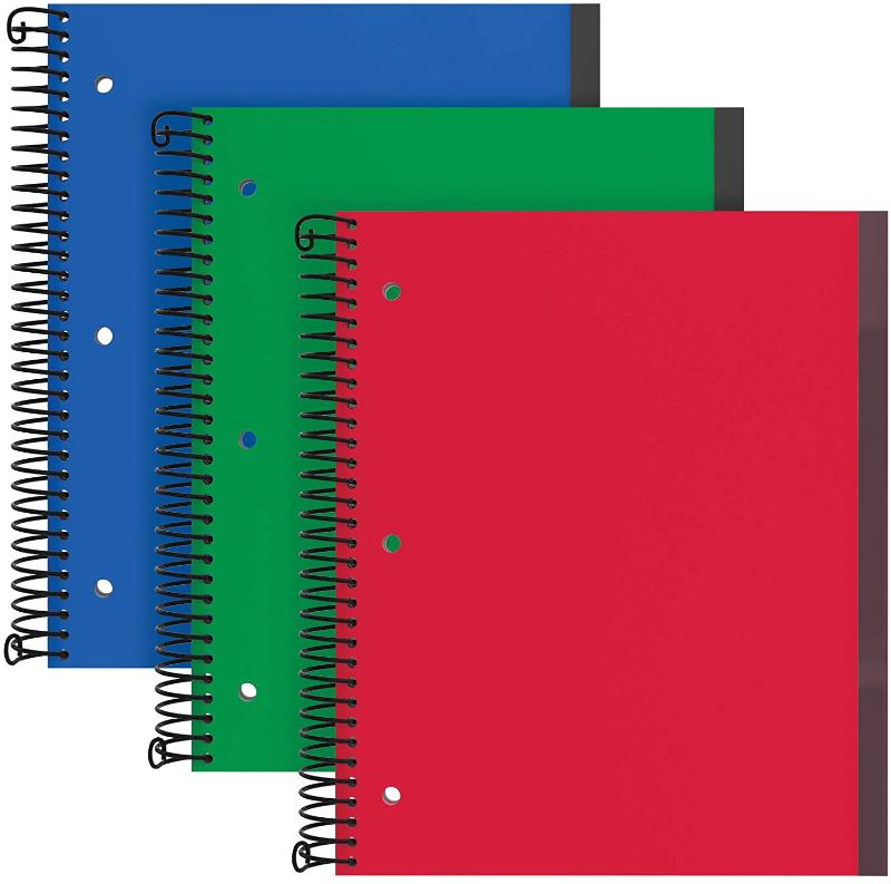 Photo 1 of Oxford Spiral Notebook 3 Pack, 3 Subject, Wide Rule, Durable Plastic Covers, Strong Coil, 3 Pockets, 8.5 x 11, 150 Sheets, Red, Green, Blue 