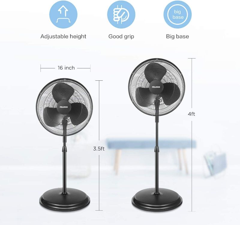 Photo 1 of PELONIS PFS40A2ABB 16'' 3-Speed Pedestal, Standing Fan for Home and Office, 85° Oscillation and Adjustable in Height, Black, 16 Inch