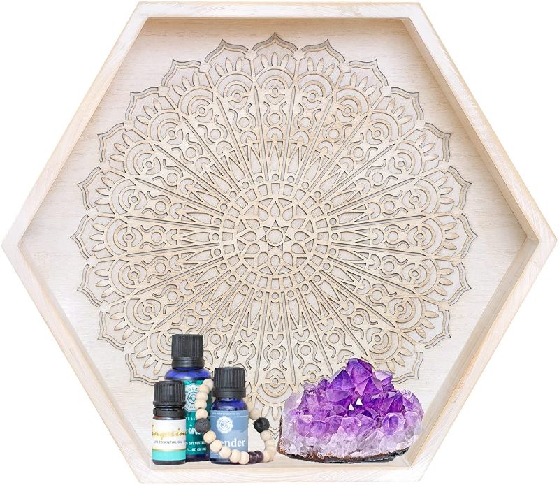 Photo 1 of ARTZY HOME DECOR ESSENTIAL OIL DISPLAY CRYSTAL SHELF 16IN WALL MOUNT NAIL POLISH SHELF ORRIGINAL MANDALA DESIGN BOHO AND RUSTIC WALL DECOEWHITE STAIN 