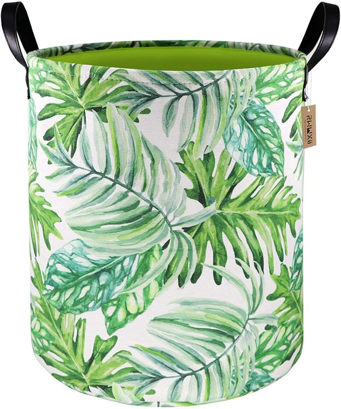 Photo 1 of 15.7" Thicken Large Laundry Basket with Handles (Green Leaves)