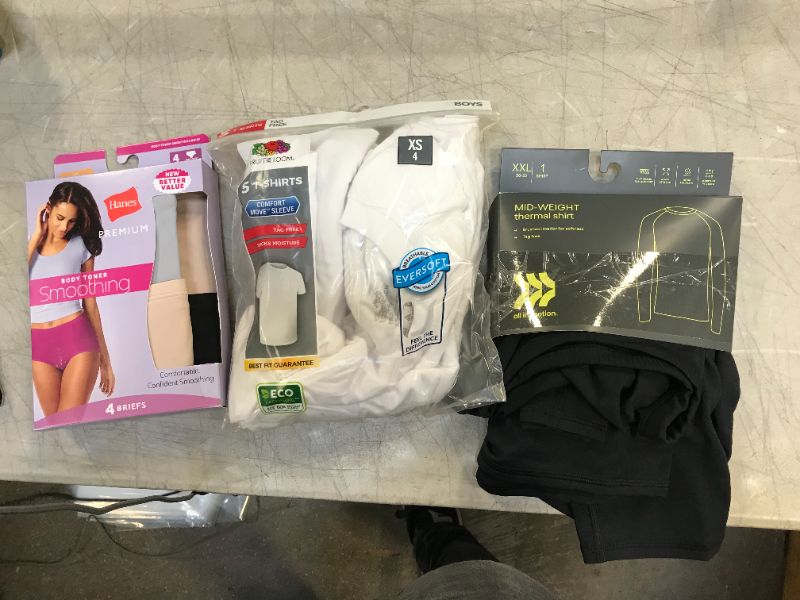 Photo 1 of Hanes Premium Women's 4pk Tummy Control Briefs Underwear - Colors May Vary M, Mu, Fruit of the Loom Boys' 4 + 1 Bonus Pack T-Undershirt - White XS And Men's Long Sleeve Midweight Thermal Undershirt - All in Motion™

