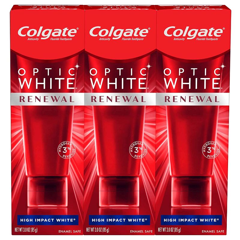 Photo 1 of Colgate Optic White Renewal Teeth Whitening Toothpaste with Fluoride, 3% Hydrogen Peroxide, High Impact White - 3 Ounce (3 Pack)
EXPIRE BY: 10/21