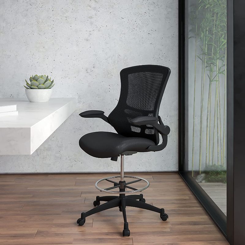 Photo 1 of Flash Furniture Mid-Back Black Mesh Ergonomic Drafting Chair with Adjustable Foot Ring and Flip-Up Arms
