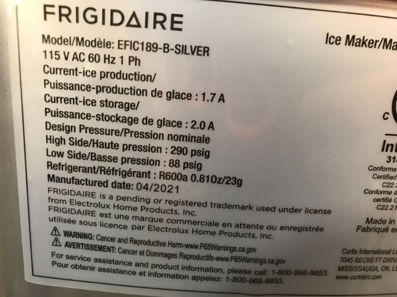 Photo 3 of Frigidaire EFIC189-Silver Compact Ice Maker, 26 lb per Day, Silver