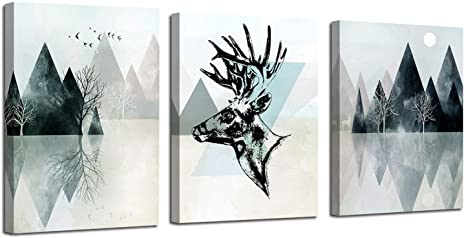 Photo 1 of Ardemy Canvas Wall Art Abstract Geometry Landscape Mountain Painting Modern Black and White Deer Triangle Hills 12"x16"x3 Panels Pictures Framed for Living Room Bedroom Bathroom Home Office Decor
