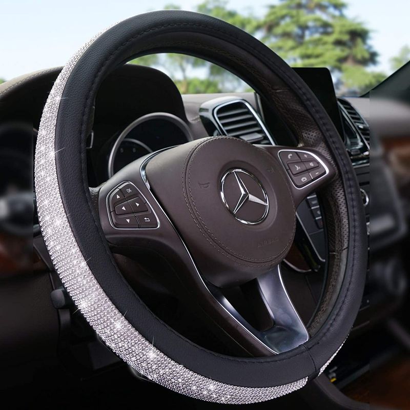 Photo 1 of  Steering Wheel Cover, 15 in Bling Diamond Steering Wheel Cover for Women & Girls, Black Leather Car Wheel Cover Anti Slip & Breathable, Cute Car Interior Decor Accessories, Pretty Gift.
