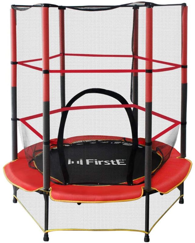 Photo 1 of FirstE 55'' Kids Trampolines, Mini Trampoline for Children with Enclosure Net and Safety Pad, Recreational Trampoline with Built-in Zipper for Home Indoor...
