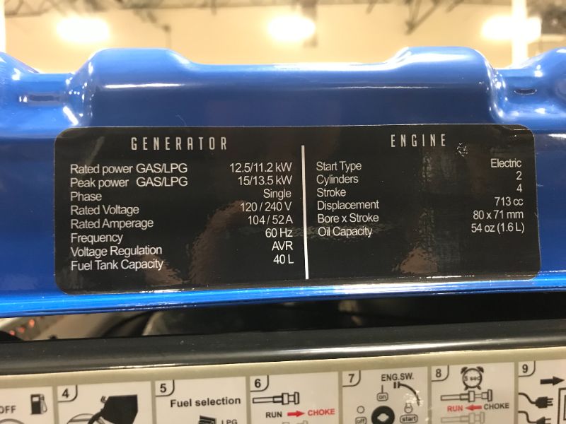 Photo 6 of DuroMax XP15000EH Dual Fuel Portable Generator-15000 Watt Gas or Propane Powered Electric Start-Home Back Up & RV Ready, 50 State Approved, Blue and Black
