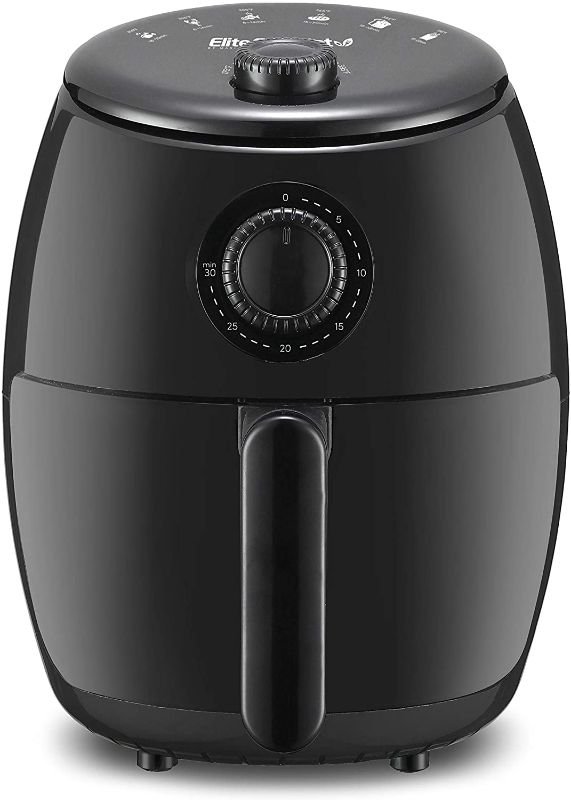 Photo 1 of Elite Platinum Elite Gourmet EAF-0201 Personal 2.1 Qt. Compact Space Saving Electric Hot Air Fryer Oil-Less Healthy Cooker, Timer & Temperature Controls, PFOA/PTFE Free, 1000W, Quart Analog, Black
