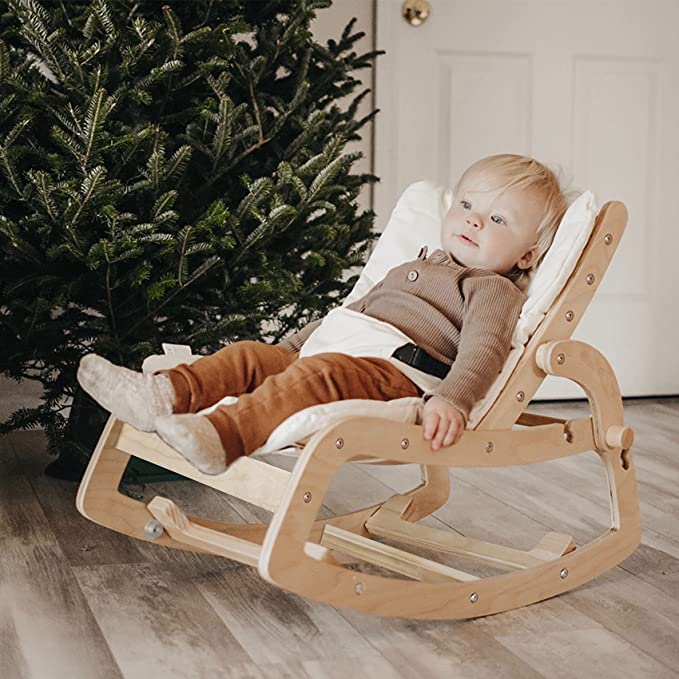 Photo 1 of FUNNY SUPPLY Toddler Rocker Multi Baby Wooden Lounge Chair with Cushion Booster Seat Belt 3 in 1 Rocker Chair for Baby
