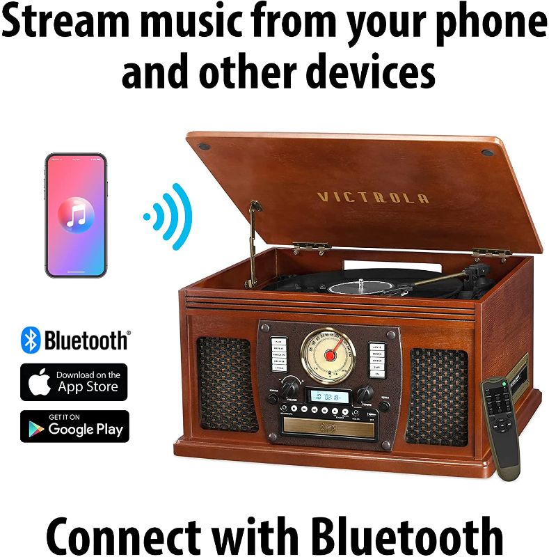 Photo 1 of Victrola 8-in-1 Bluetooth Record Player & Multimedia Center, Built-in Stereo Speakers - Turntable, Wireless Music Streaming | Mahogany 
(missing stylus)
