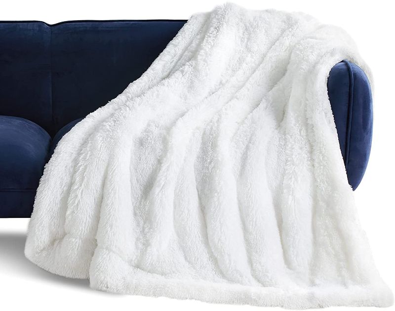 Photo 1 of Bedsure Soft Fuzzy Faux Fur Sherpa Fleece Throw Blanket White- Warm Thick Fluffy Plush Cozy Reversible Shaggy Blanket for Sofa and Bed -Comfy Furry Blanket, 60x80 inches
