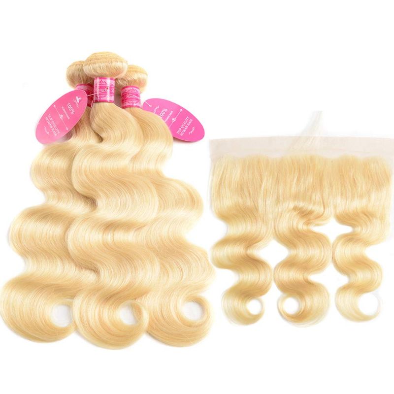 Photo 1 of (2 Pack)613 Blonde Bundles with Frontal 613 Body Wave Bundles with Frontal 613 Brazilian Virgin Hair Blonde Human Hair Can be Dyed Any Color (18 20 14+8'', 613#)
