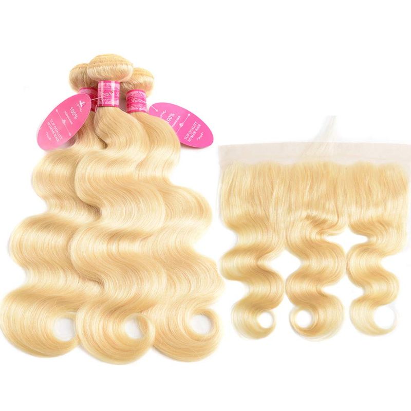 Photo 1 of (2 Pack)613 Blonde Bundles with Frontal 613 Body Wave Bundles with Frontal 613 Brazilian Virgin Hair Blonde Human Hair Can be Dyed Any Color (16''Inches, )
