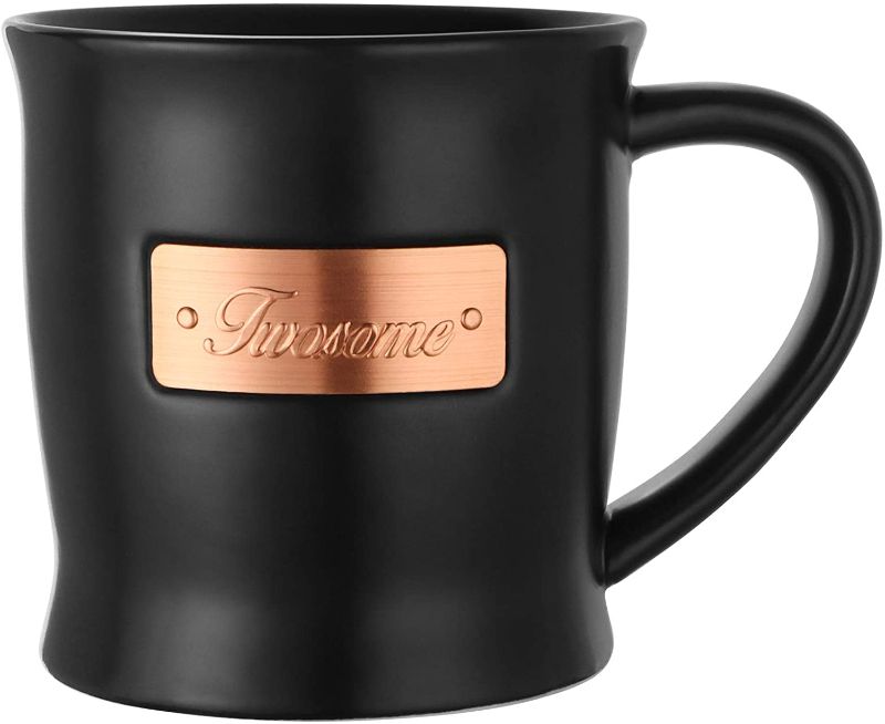 Photo 1 of 14 OZ Coffee Mug, Harebe Smooth Ceramic Tea Cup, Letter Copper Spliced Milk Cup, Suitable for Office and Home, for Men Women - Black
