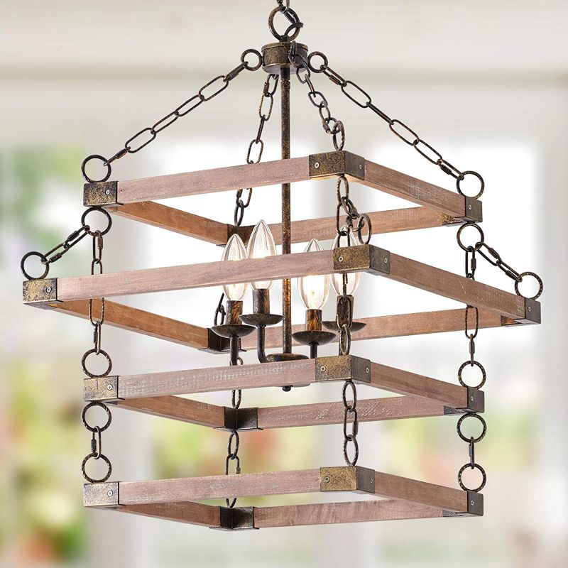 Photo 1 of Wood Chandelier Ceiling Pendant Lighting,4-Light Vintage Industrial Hanging Light Fixture for Bedroom Kitchen Island Livingroom Farmhouse Foyer
