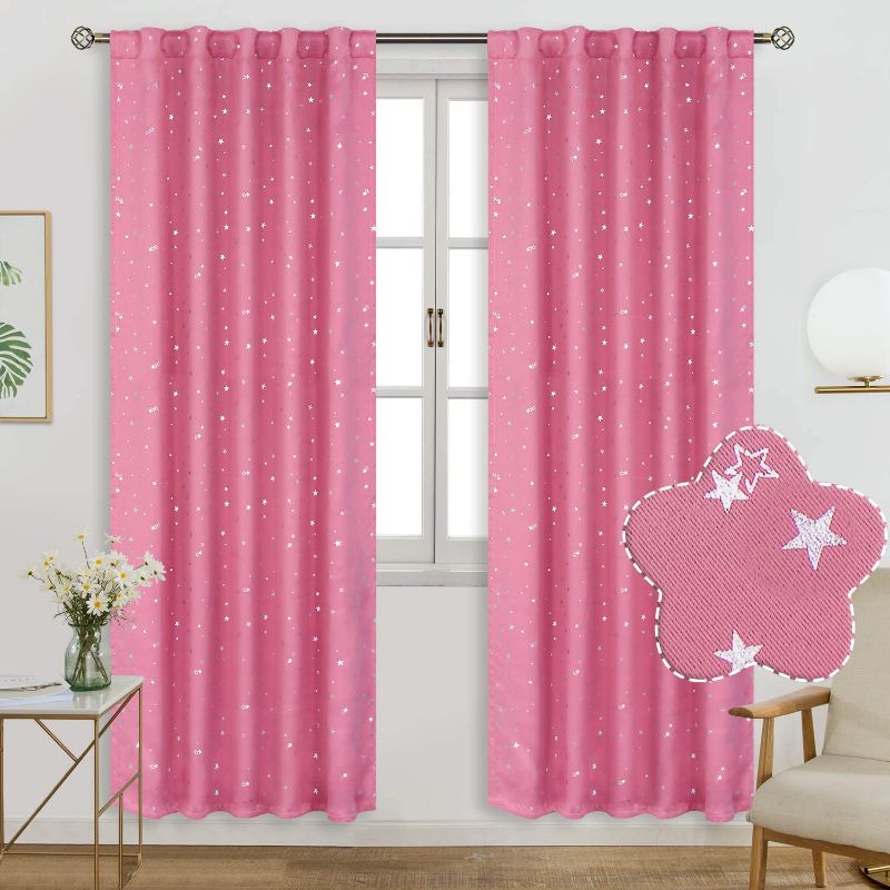 Photo 1 of BGment Rod Pocket and Back Tab Blackout Curtains for Kids Bedroom - Sparkly Star Printed Thermal Insulated Room Darkening Curtain for Nursery, 52 x 84 Inch, 2 Panels, Pink
