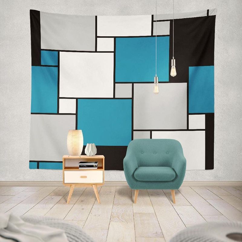 Photo 1 of ASOCO Black Tapestry Modern Geometric Abstract Tapestry Blue Gray White Wall Hanging Tapestry Square Pattern Funny Tapestry for Bedroom Aesthetic Living