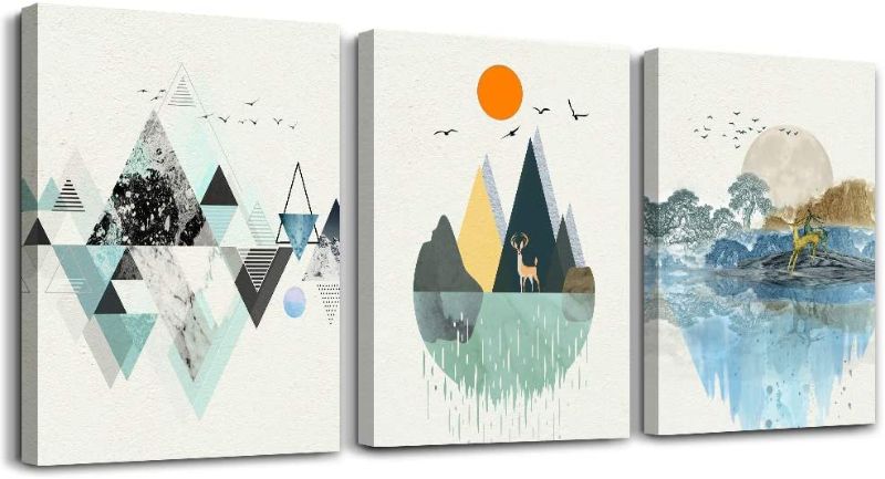 Photo 1 of 3 piece abstract wall art for bedroom canvas prints artwork bathroom wall decor Abstract Geometry scenery sunrise and sunset watercolor posters Mountain and...
