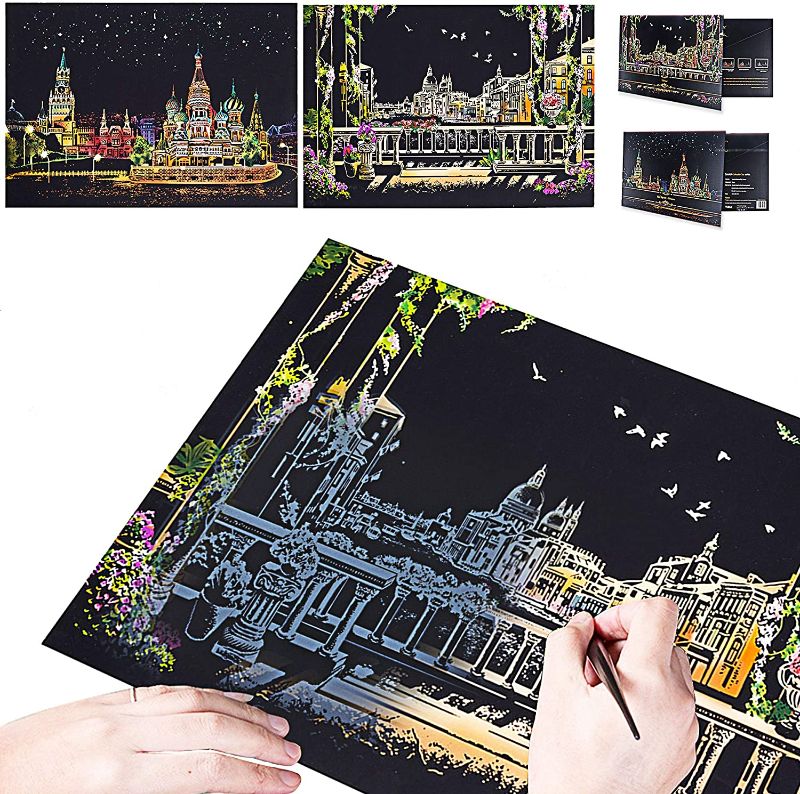 Photo 1 of Liveda Rainbow Scratch Painting Paper, Creative Gifts for Adults or Children,Scratch Paintings of City Night Scene,Scratch and Sketch Paper- 2 Packs