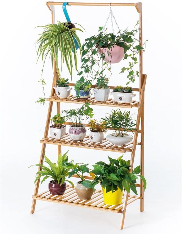 Photo 1 of Bamboo 3-Tier Hanging Plant Stand Planter Shelves Flower Pot Organizer Rack Folding Display Shelving Plants Shelf Unit Holder