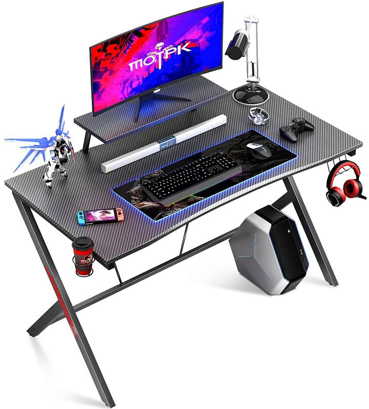 Photo 1 of MOTPK Gaming Desk 39in with Monitor Shelf, Carbon Fiber Gaming Table Home Office Desk with Cup Holder and Headphone Hook, Gamer Workstation Black