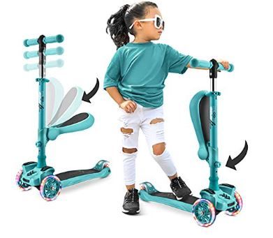 Photo 1 of Hurtle 3-Wheeled Scooter for Kids - Wheel LED Lights, Adjustable Lean-to-Steer Handlebar, and Foldable Seat - Sit or Stand Ride with Brake for Boys and Girls, Teal Blue