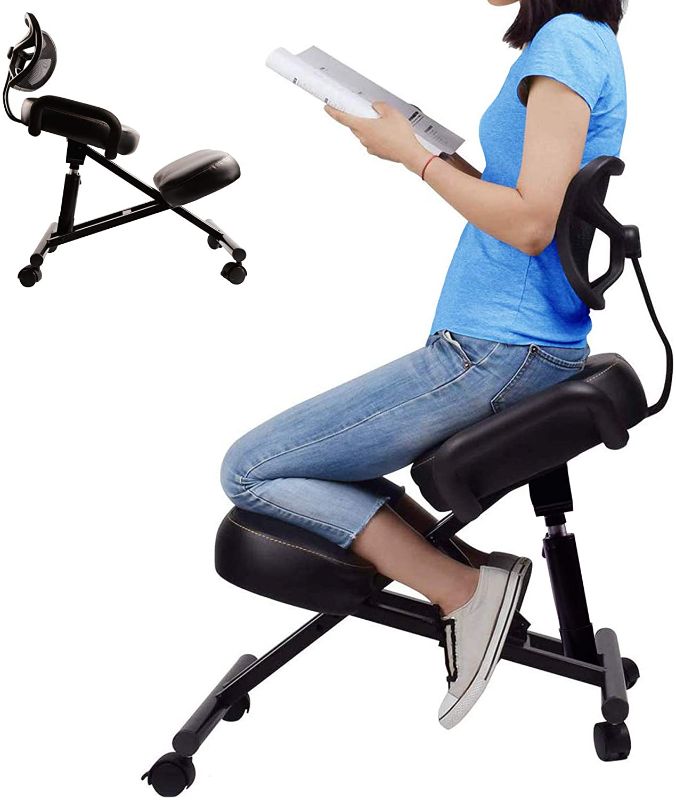 Photo 1 of Ergonomic Kneeling Chair with Back Support. Adjustable Stool for Better Posture in Home and Office. Relieving Bad Back, Neck Pain & Spine Tension - Thick Comfortable Cushions, Black
