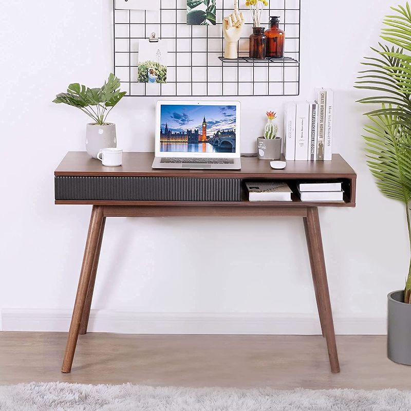 Photo 1 of Modern Writing Computer Desk with Storage Drawer Small Wooden Home Office Table Desk Walnut, by Artswish
