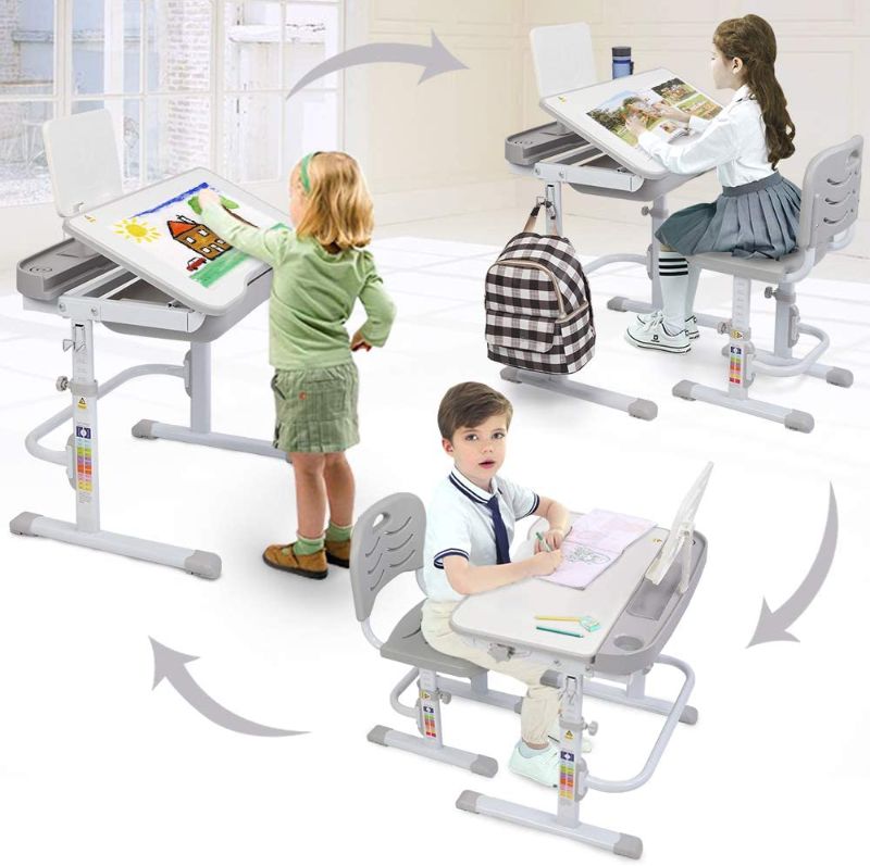 Photo 1 of JOYMOR Kids Functional Desk and Chair Set, Height Adjustable Children Study Table with Tilting Desktop, Bookstand, School Students Workstation (Grey)
