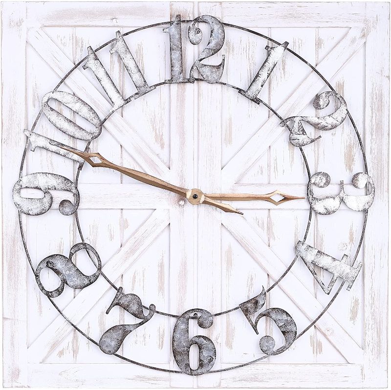 Photo 1 of ALBEN Large Farmhouse Wall Clock - 24 inch Square Farmhouse Style Clock Bundled with Decorative Reversible Wooden Sign