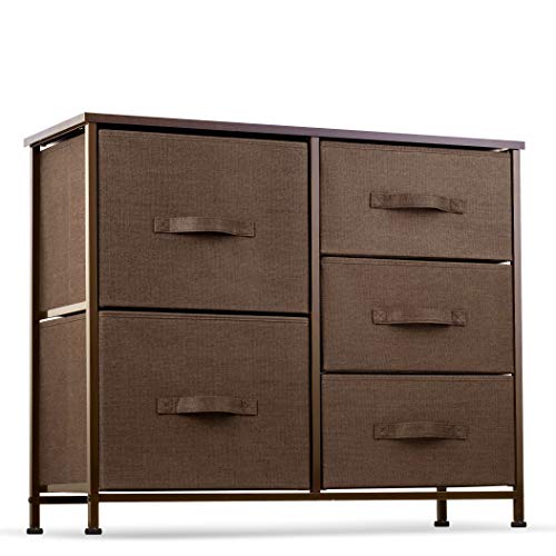 Photo 1 of 5 Drawer Dresser Organizer Fabric Storage Chest for Bedroom, Hallway, Entryway, Closets, Nurseries. Furniture Storage Tower Sturdy Steel Frame, Wood Top, Easy Pull Handle Textured Print Drawers