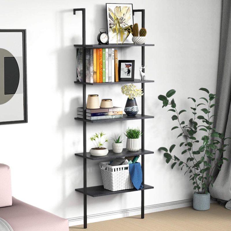 Photo 1 of UVII Ladder Shelf Bookshelf, 5 Tier Wall-Mounted Industrial Ladder Bookcase Wood Look Plant Flower Storage Stand Organizer Utility