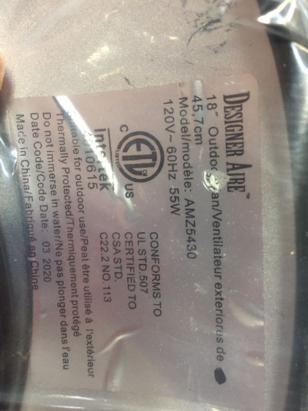 Photo 1 of Designer Aire 18inch Outdoor Fan